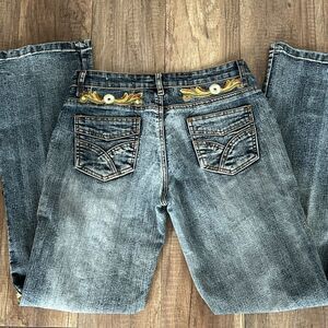 Paris Angel VTG Blue Denim Flared Jeans Gold Embroidered Beaded Sequined 11/12